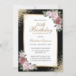 Blush Floral Black Gold Confetti 50th Birthday Invitation