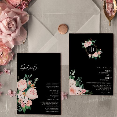 Blush Floral Black Monogram All In One Wedding Invitation