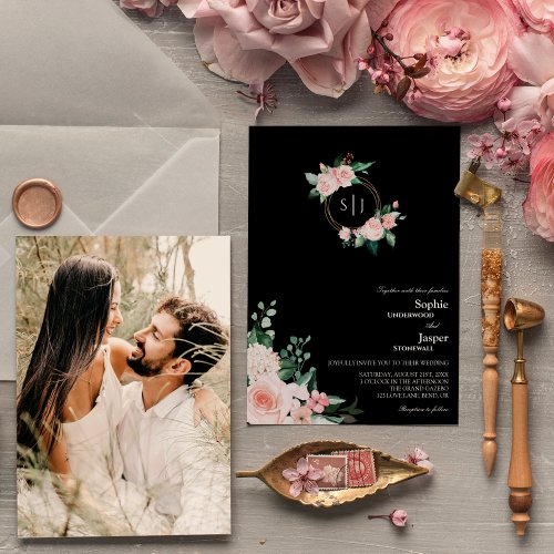 Blush Floral Black Monogram Photo Wedding Invitation