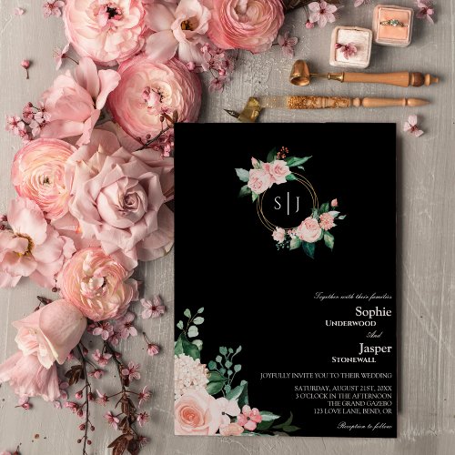 Blush Floral Black Monogram Wedding Invitation