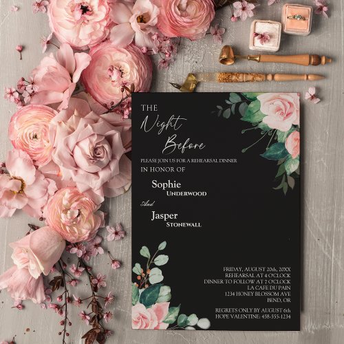 Blush Floral Black Night Before Rehearsal Dinner Invitation