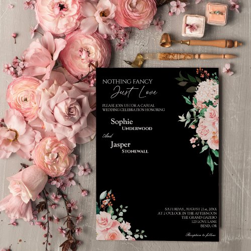 Blush Floral Black Nothing Fancy Just Love Wedding Invitation