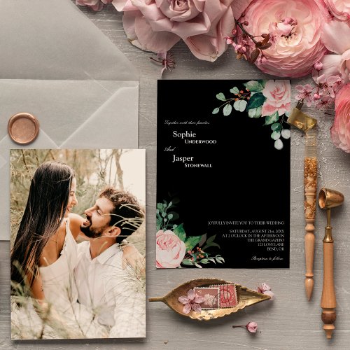 Blush Floral Black Photo Wedding Invitation