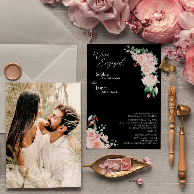 Blush Floral Black Photo We're Engaged Invitation (Creator Uploaded)