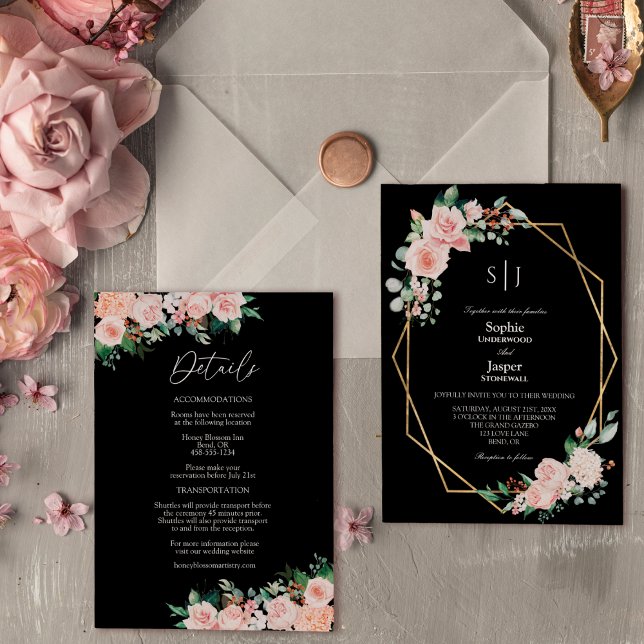 Blush Floral Black Simple Monogram Details Wedding Invitation (Creator Uploaded)