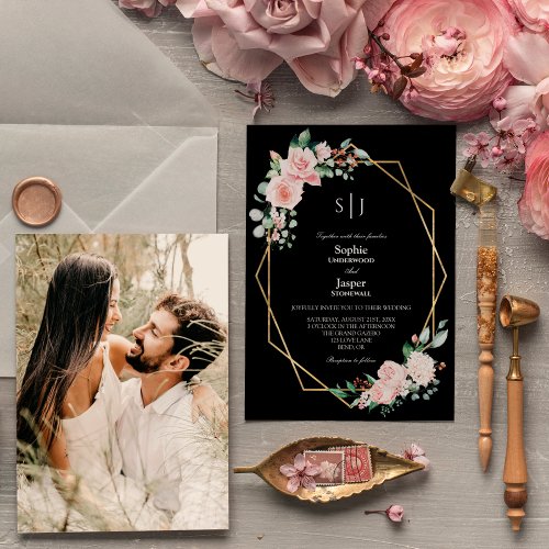 Blush Floral Black Simple Monogram Photo Wedding Invitation
