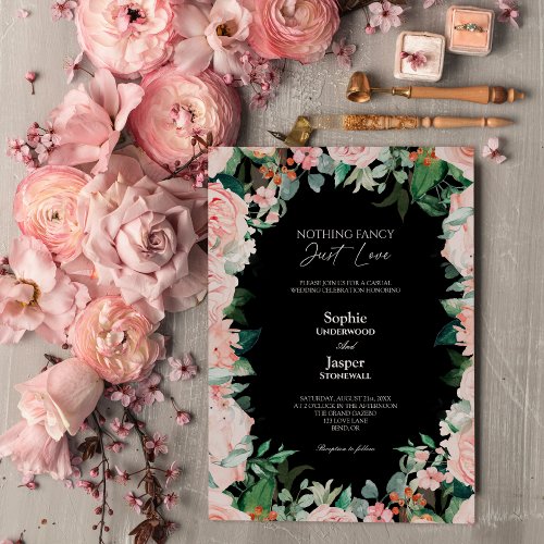 Blush Floral Black Simple Nothing Fancy Wedding Invitation