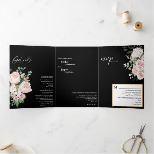 Blush Floral Black Tri-Fold Wedding Invitation