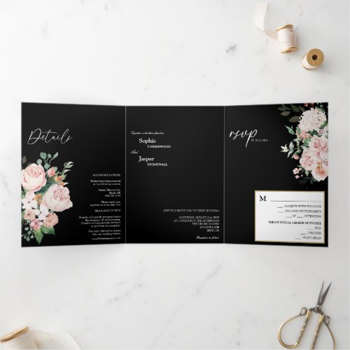 Blush Floral Black Tri_Fold Wedding Invitation
