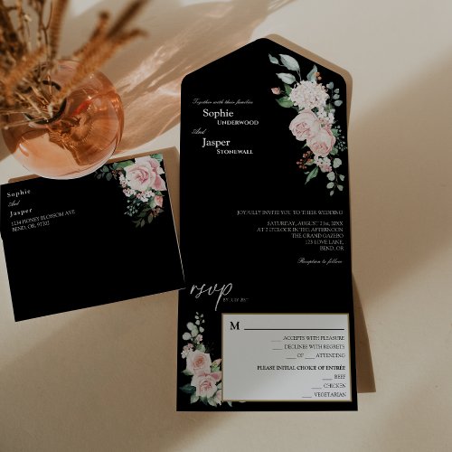 Blush Floral Black Wedding All In One Invitation