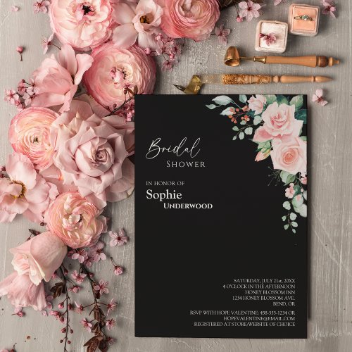 Blush Floral Black Wedding Bridal Shower Invitation
