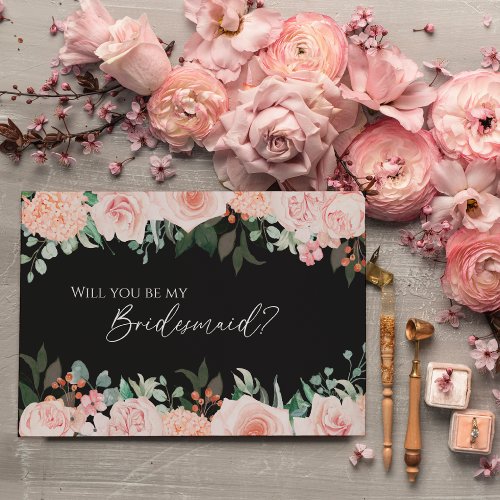 Blush Floral Black Wedding Bridesmaid Proposal Invitation