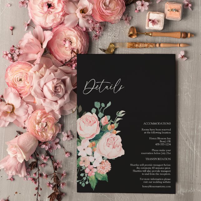 Blush Floral Black Wedding Details Enclosure Card (Creator Uploaded)