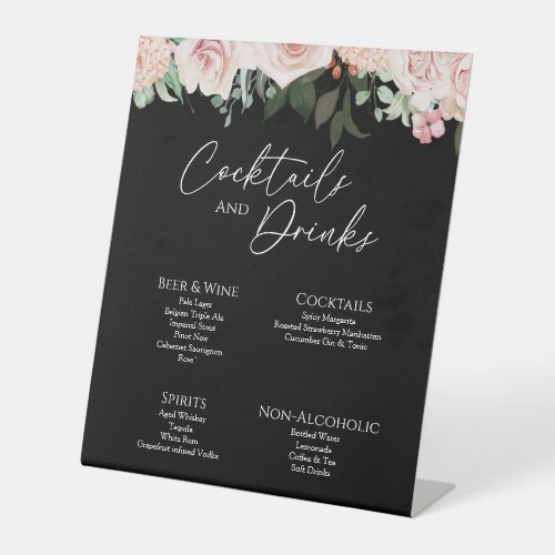 Blush Floral Black Wedding Drinks Bar Sign