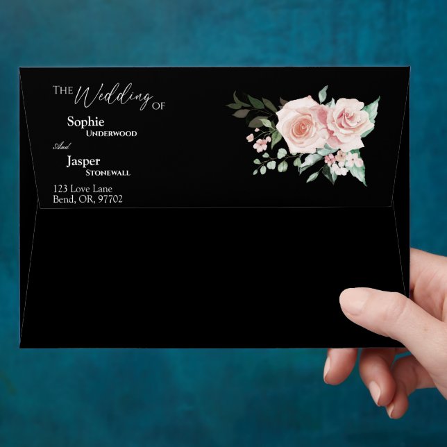 Blush Floral Black Wedding Envelope (Hand)