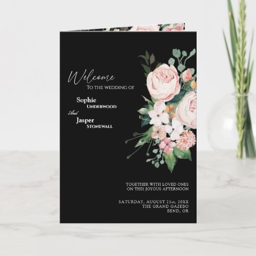 Blush Floral Black Wedding Folded Program