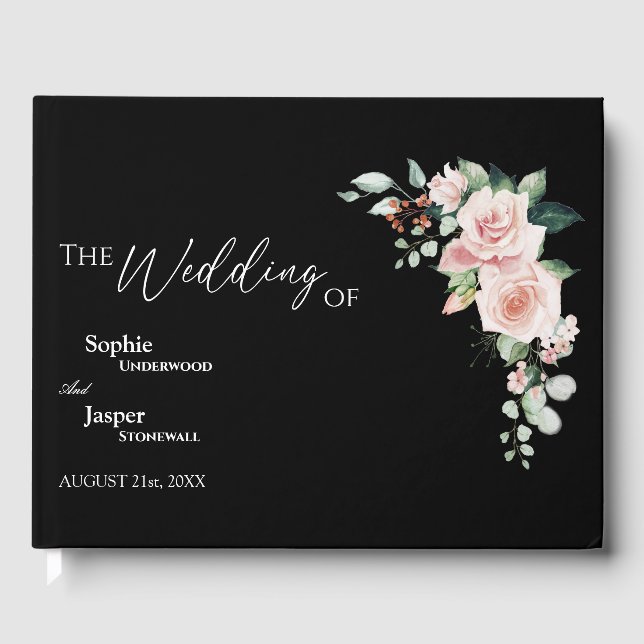 Blush Floral Black Wedding Guest Book (Front)