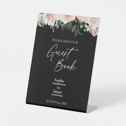 Blush Floral Black Wedding Guest Book Sign