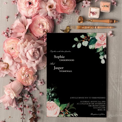 Blush Floral Black Wedding Invitation
