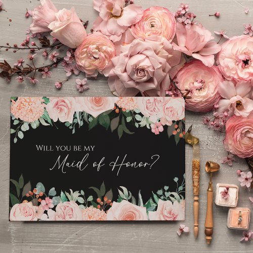 Blush Floral Black Wedding Maid Of Honor Proposal Invitation