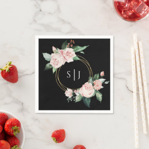 Blush Floral Black Wedding Monogram Napkins
