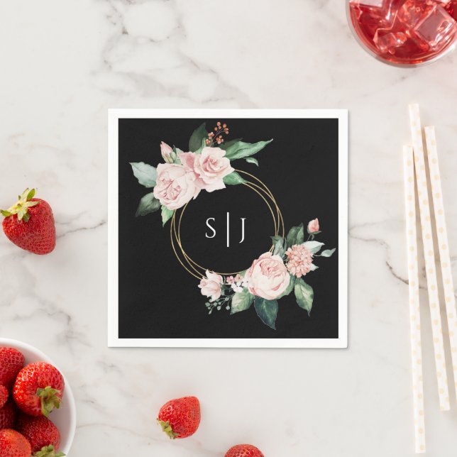 Blush Floral Black Wedding Monogram Napkins (Insitu)