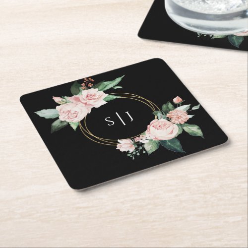 Blush Floral Black Wedding Monogram Square Paper Coaster
