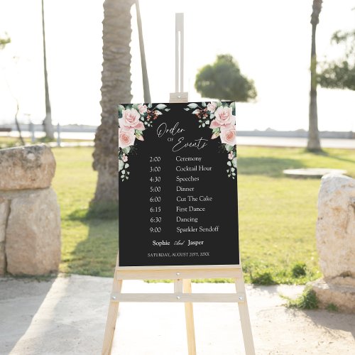 Blush Floral Black Wedding Order Of Events Sign