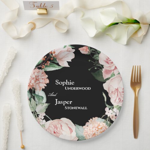 Blush Floral Black Wedding Paper Plates