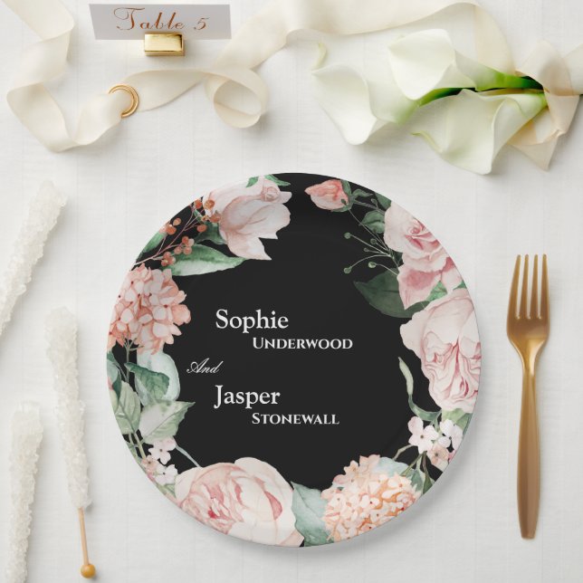 Blush Floral Black Wedding Paper Plates (Wedding)