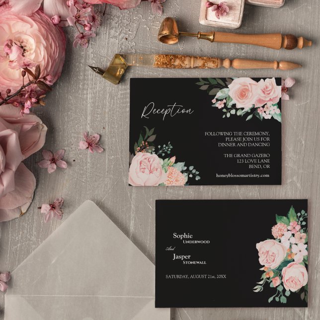 Blush Floral Black Wedding Reception Enclosure Card (Creator Uploaded)