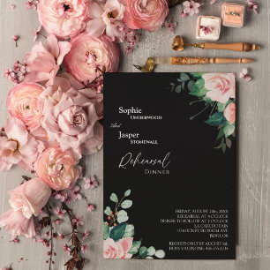 Blush Floral Black Wedding Rehearsal Dinner Invitation