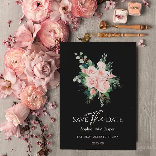 Blush Floral Black Wedding Save The Date Card