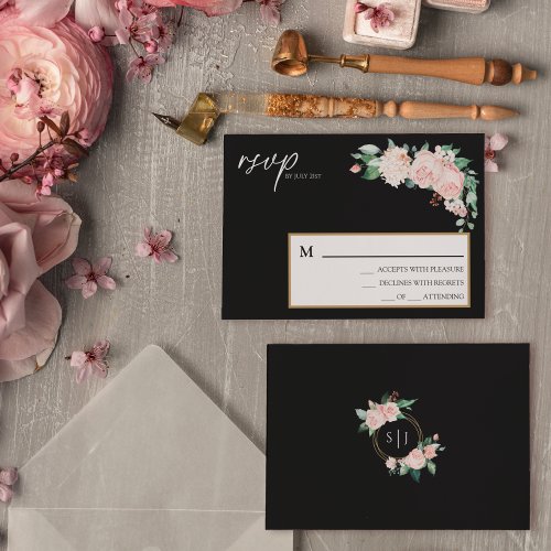 Blush Floral Black Wedding Simple RSVP Card