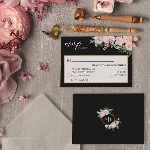 Blush Floral Black Wedding Song Request RSVP Card