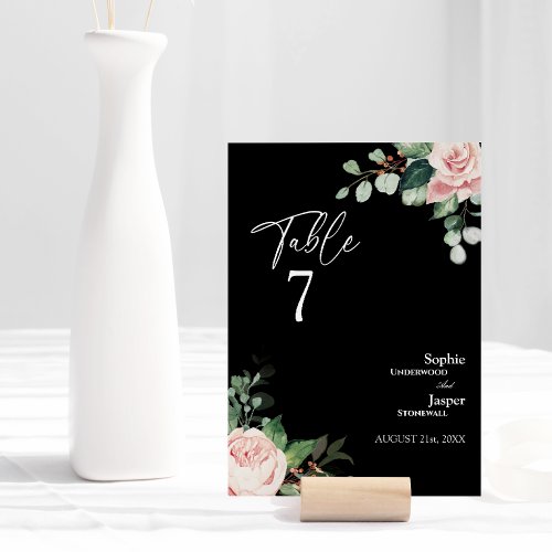 Blush Floral Black Wedding Table Number Card