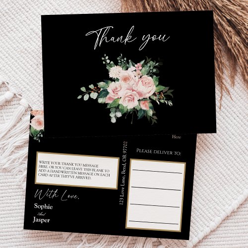 Blush Floral Black Wedding Thank You Postcard