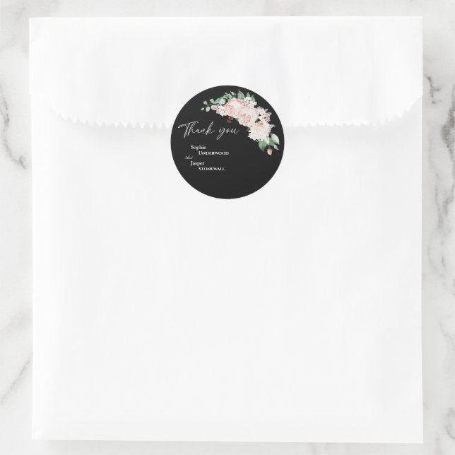 Blush Floral Black Wedding Thank You Sticker (Bag)