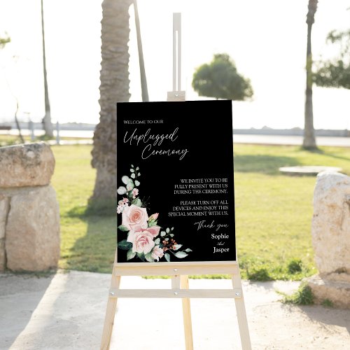 Blush Floral Black Wedding Unplugged Ceremony Sign