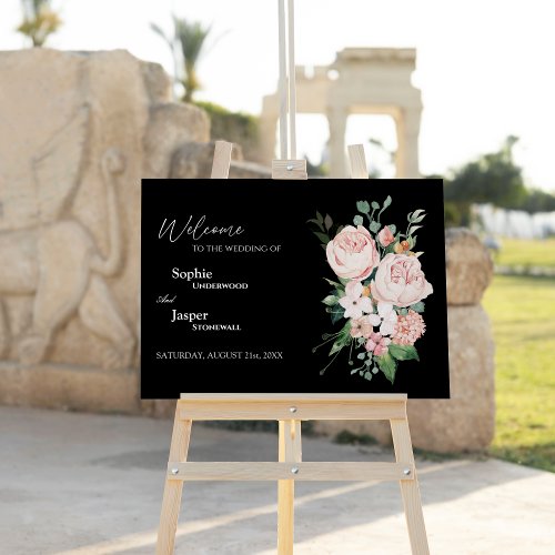 Blush Floral Black Wedding Welcome Sign