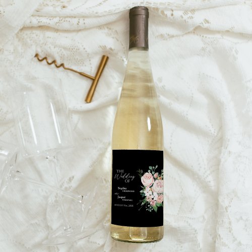 Blush Floral Black Wedding Wine Label