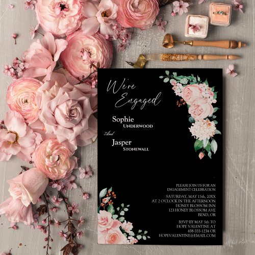 Blush Floral Black Were Engaged Invitation