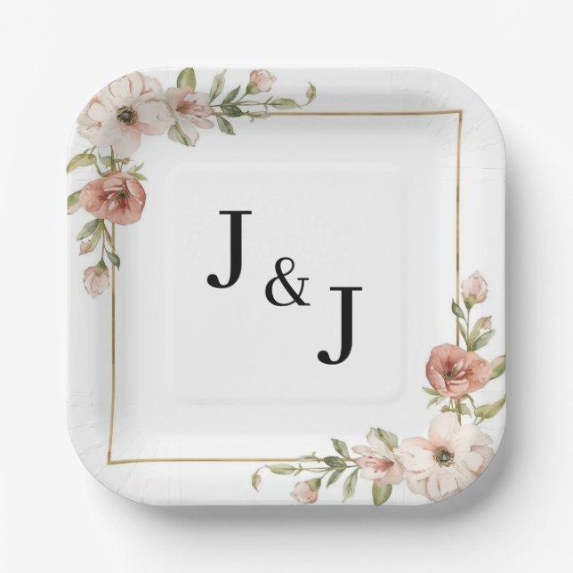 Blush Floral Blooming Frame Initials Wedding Paper Plates (Front)