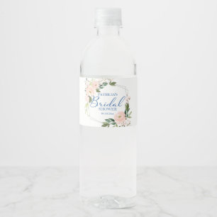 Blush Floral Blue Silver Geometric Bridal Shower Water Bottle Label