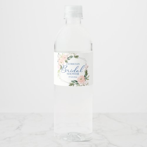 Blush Floral Blue Silver Geometric Bridal Shower Water Bottle Label