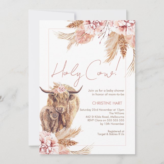 Blush Floral Bohemian Cow Calf Baby Shower  Invitation (Front)