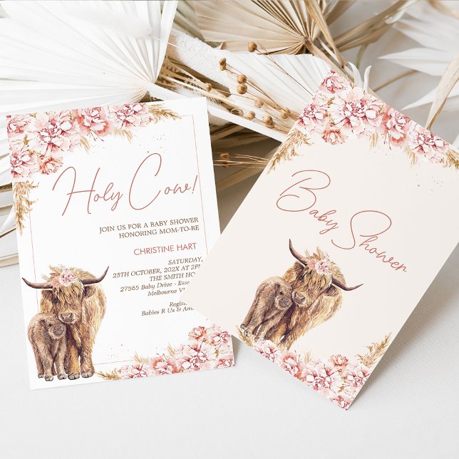 Blush Floral Boho Highland Cow Calf Baby Shower  Invitation (Creator Uploaded)