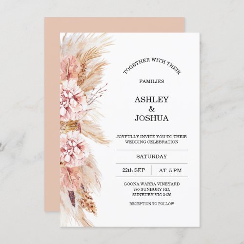 Blush Floral Boho Pampas Grass Wedding Invitation