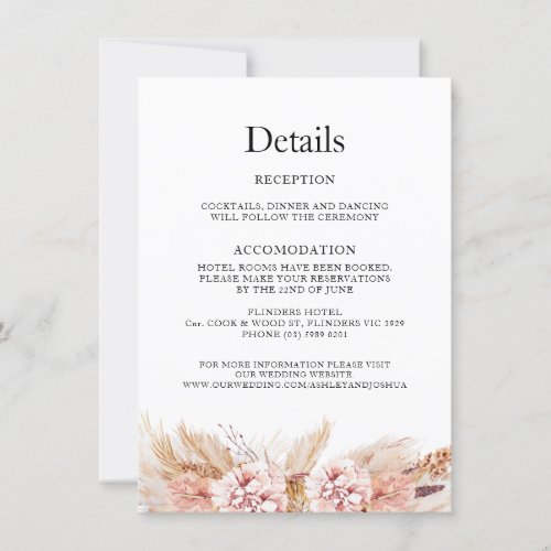 Blush Floral Boho Pampas Wedding Details Card