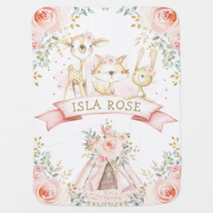 Blush Floral Boho Teepee Woodland Baby Animals Blanket